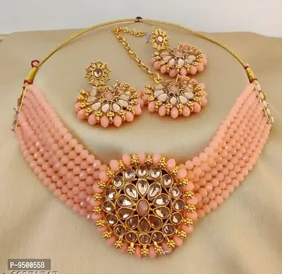 Stylish Choker Design Peach Jewellery Set For Women-thumb0