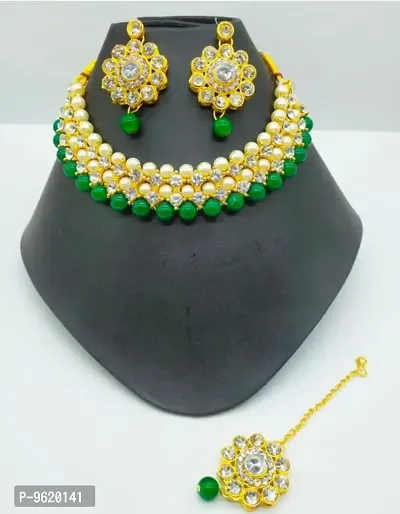 Twinkling Green Alloy Necklace Maangtika With Earrings Jewellery For Women