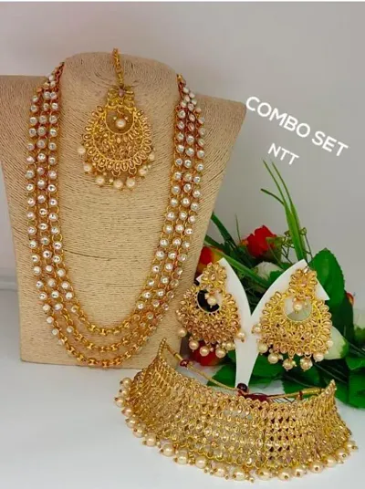 Brass Copper Plated Kundan Jewellery Set Combo