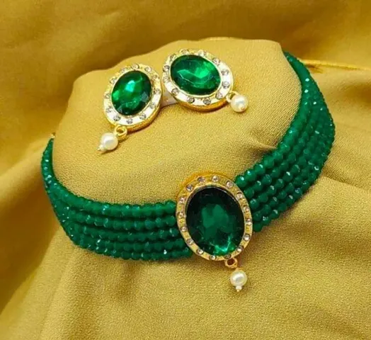 Plated Crystal Stone Crustal Pearl Choker Necklace Set (Green, Golden, White)