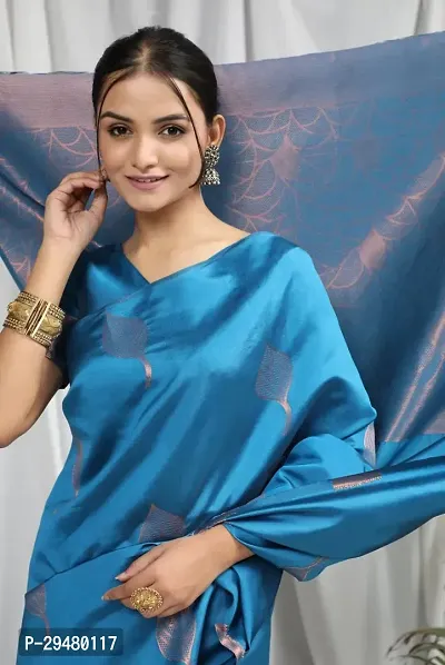 Stylish Silk Blend Blue Woven Design Saree With Blouse Piece For Women