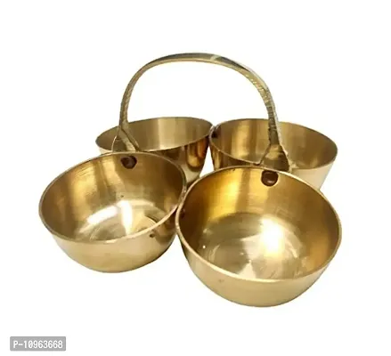Trendy Brass Puja Roli Chawal, Elaichi, Mishri 4 Bowl Stand | Chowmukh Haldi Kumkum Holder Patra (Small Size: 8.5X8.5X5.5 Cm, Color: Golden)-thumb0