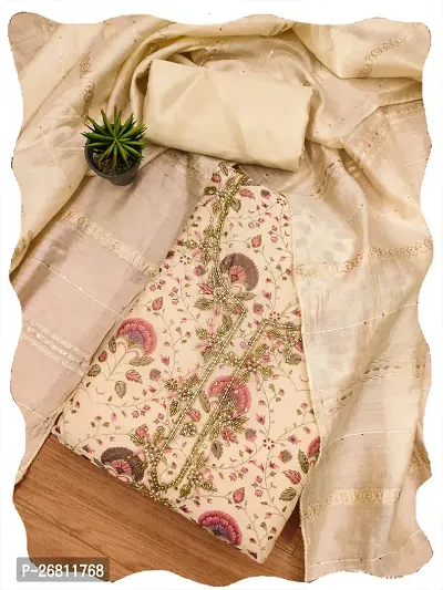 MAA CREATION Beige Chanderi Silk Embroidered Dress Material (Unstitched)-thumb0
