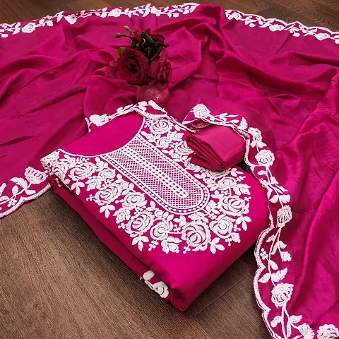 Stylish Chanderi Cotton Embroidered Unstitched Suit