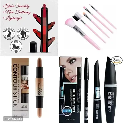 AT 80Soft Bristles 5 Pcs Pink Makeup Brushes Set + Multicolor 5 in 1 Matte Lipstick 3 in 1 Eyeliner, Mascara, Eyebrow Pencil Contour Stick High-Light Shadow Concealer Pen