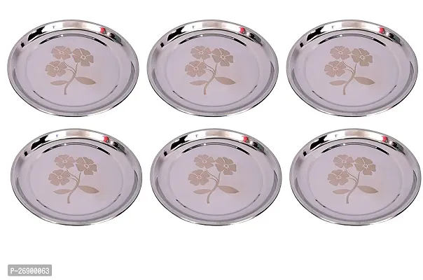Stainless Steel Dinner Plate | Thali | Khumcha Plate with Laser Design Set of 6 Plates (Diamm. 27 Cms)-thumb0