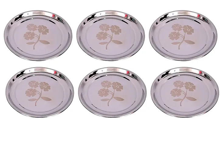 Stainless Steel Dinner Plate | Thali | Khumcha Plate with Laser Design Set of 6 Plates (Diamm. 27 Cms)