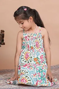 Crenol White and Multicolor Floral Cotton Short Dress for Girl Kid, One Piece Short Dress, Knee Length-thumb2