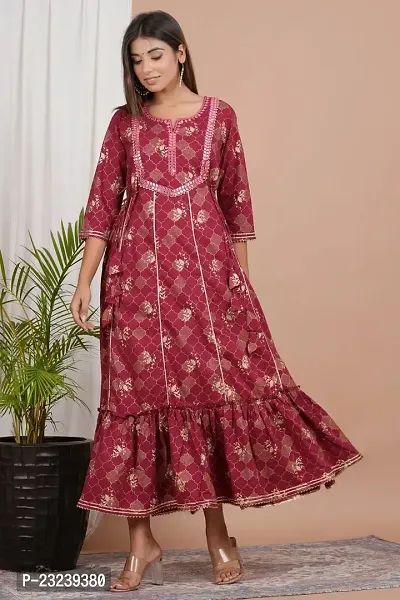 CRENOL THREADS Women Cotton Printed Embroidery Anarkali Dress for Women  Girls, Printed Embroidery Dress for Ladies-thumb2