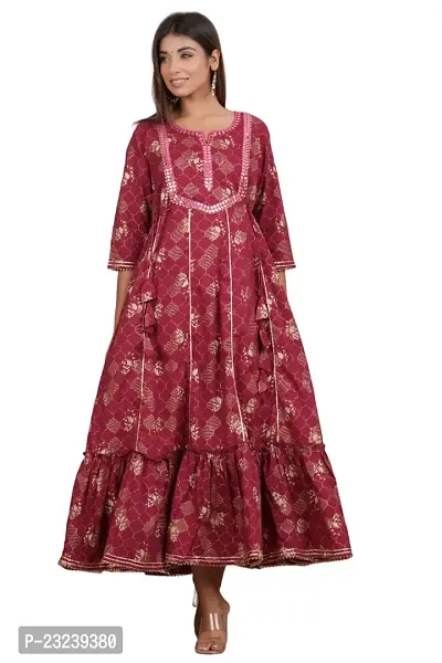 CRENOL THREADS Women Cotton Printed Embroidery Anarkali Dress for Women  Girls, Printed Embroidery Dress for Ladies-thumb0