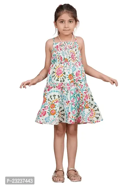 Crenol White and Multicolor Floral Cotton Short Dress for Girl Kid, One Piece Short Dress, Knee Length-thumb0