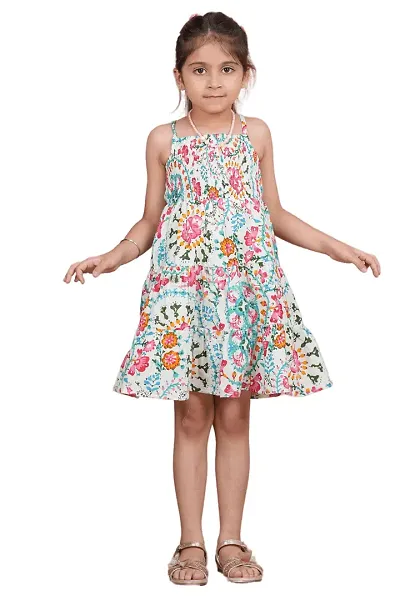 Crenol White and Multicolor Floral Cotton Short Dress for Girl Kid, One Piece Short Dress, Knee Length
