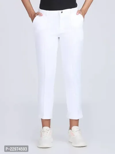 Elegant White Polycotton Solid Trousers For Women