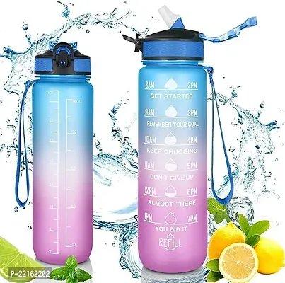 1 Litre Drinking Water Bottle with Motivational Time Marker  Straw Gym Sipper 1000 ml Sipper (Pack of 1, Multicolor, Plastic)-thumb0