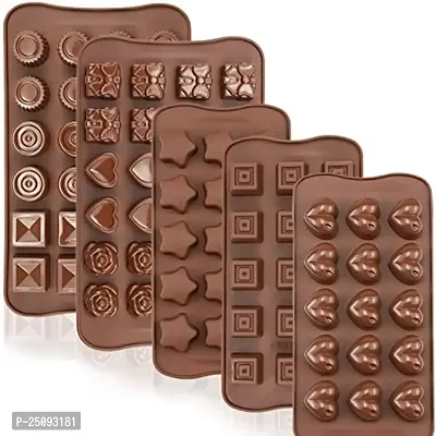 Flexible Silicone Food Grade Different Shapes Chocolate Mould Tools (Brown, Random Design) -Combo of Set of 5 Pcs Silicon Chocolate Moulds-thumb0