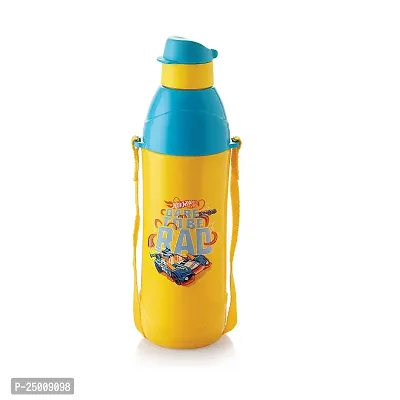 CELLO Puro Junior Hot Wheel Print Plastic Water Bottle for Kids | Easy Carry Wrist Belt | Leak Proof  Refrigerator Safe| Keeps Content Cold for Long hours | 600ml, Yellow-thumb0