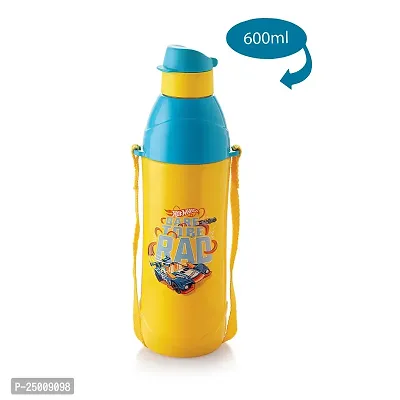 CELLO Puro Junior Hot Wheel Print Plastic Water Bottle for Kids | Easy Carry Wrist Belt | Leak Proof  Refrigerator Safe| Keeps Content Cold for Long hours | 600ml, Yellow-thumb2