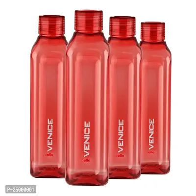 CELLO Venice Exclusive Edition Plastic Water Bottle Set, 1 Litre, Set of 4, Red