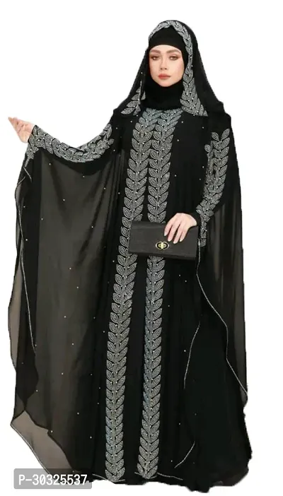 Stylish Polyester Stone Work Abaya with Hijab Set for Women-thumb0