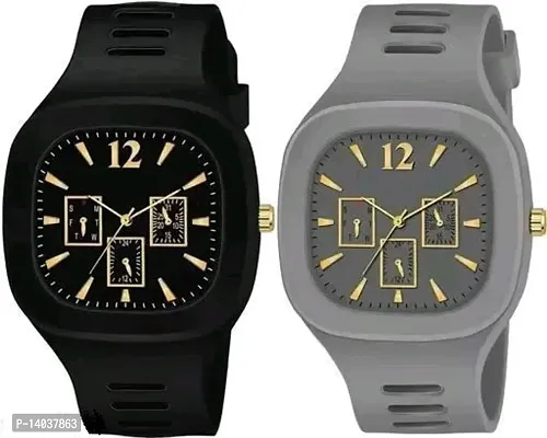 Square Dial Black  Grey Analog Watches with Silicon Strap Stylish ADDI Designer Combo Watch for Mens  Boys