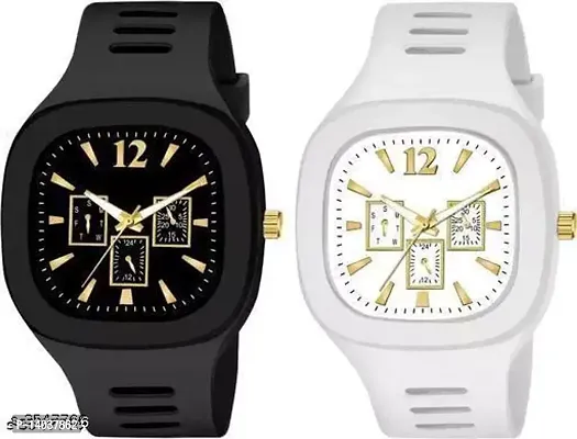 Square Dial Black  White Analog Watches with Silicon Strap Stylish ADDI Designer Combo Watch for Mens  Boys-thumb0