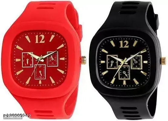 Square Dial Black  Red  Analog Watches with Silicon Strap Stylish ADDI Designer Combo Watch for Mens  Boys-thumb0