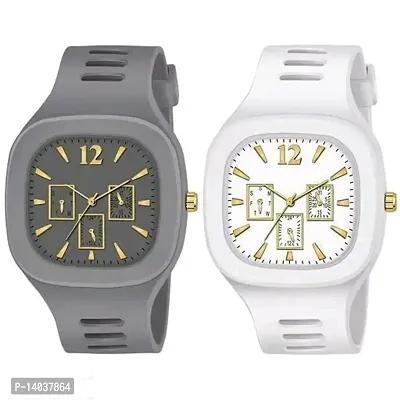 Square Dial WhiteGrey  Analog Watches with Silicon Strap Stylish ADDI Designer Combo Watch for Mens  Boys-thumb0