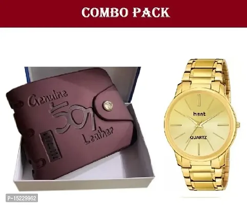 Genuine 501 Leather wallet with HMT Gold Chain Watch Combo For Mens  Boys