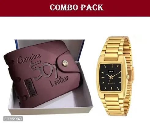 Genuine 501 Leather wallet with HMT Gold Chain Watch Combo For Mens  Boys