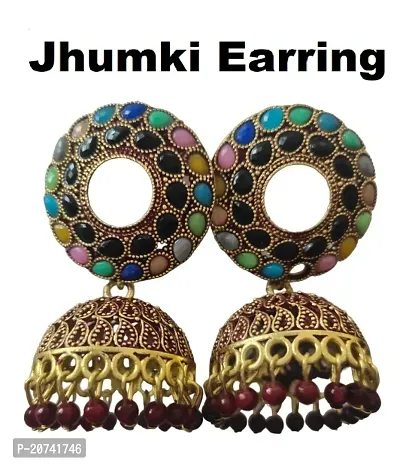 Antique Maroon Gold Oxidised Jhumka Earrings for Women