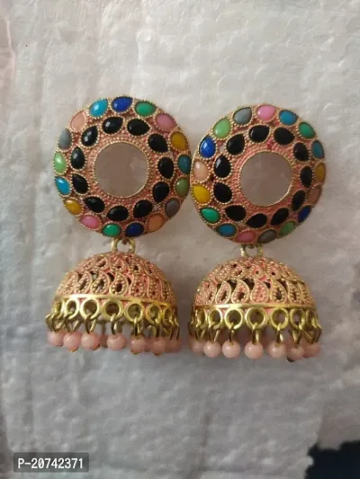 Traditional Gold Plated Floral Golden Light Pink Jhumkas Pearl Studded Drop Earrings For Women