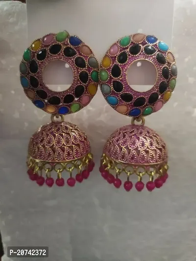 Traditional Gold Plated Floral Golden Pink Jhumkas Pearl Studded Drop Earrings For Women