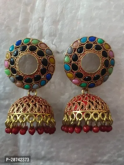 Traditional Gold Plated Floral Golden Red Jhumkas Pearl Studded Drop Earrings For Women