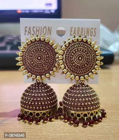 GOLD PLATED BEAUTIFUL MAROON JHUMKA EARRINGS FOR WOMEN AND GIRLS-thumb0