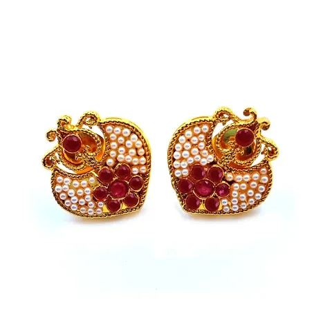 LLP Moti Ruby diamond Earring foe Women Pearl Brass Stud Earring