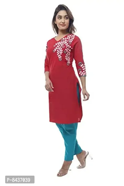 MASUD CREATION Women's Stylish Cotton Embroidery Straight Kurti with Pant Set for Girls (RED)-thumb0