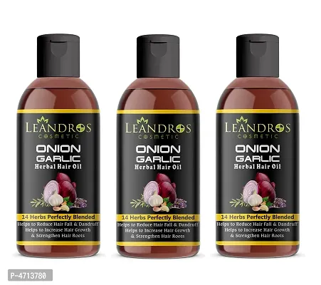 Leandros Onion Garlic oil 14 Herbs Perfectly Blended For Hair Growth and Anti-Hair Fall Hair Oil Pack Of 3-(200ml)