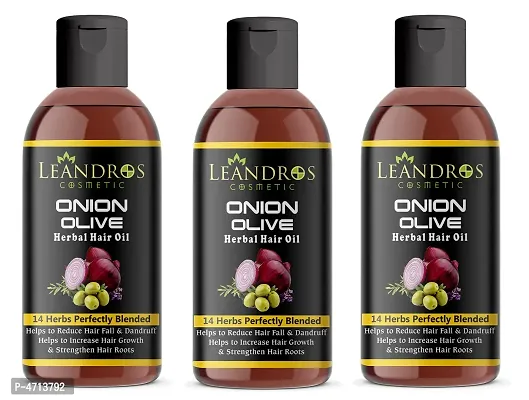 Leandros Onion Olive oil 14 Herbs Perfectly Blended For Hair Growth and Anti-Hair Fall Hair Oil Pack Of 3- (200ml)