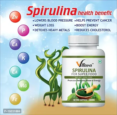 VLTAVA Spirulina Capsules (500mg Each) 60 Vegan Capsules - Metabolism Immunity Boost    Antioxidants Nutritious Protein Health Supplement-thumb0