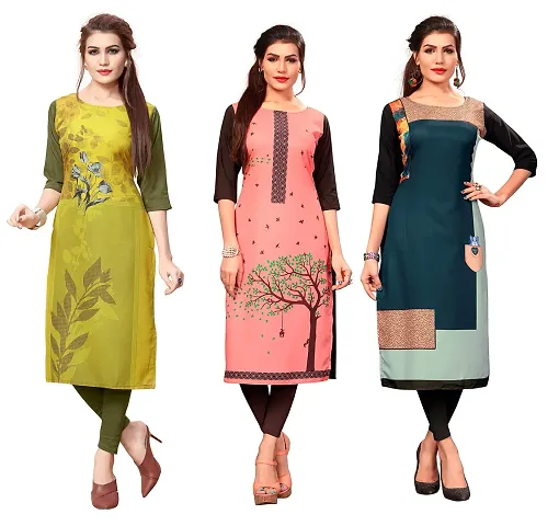 Stylish Crepe Printed A-Line Kurti - Pack of 3