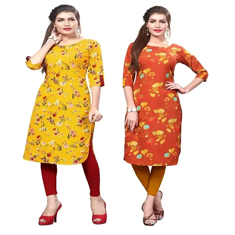 Stylish And Round Neck 3/4 Sleeves Digital Crepe Kurta For Women- Pack of 2