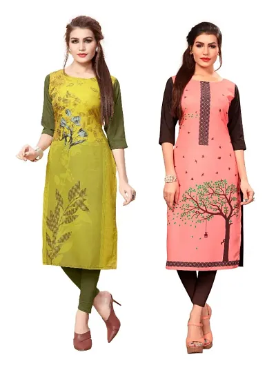 Women's Printed Full-Stitched Crepe Straight Kurti (Combo Pack Of 2)