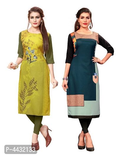 Women's Printed Full-Stitched Crepe Straight Kurti (Combo Pack Of 2)-thumb0