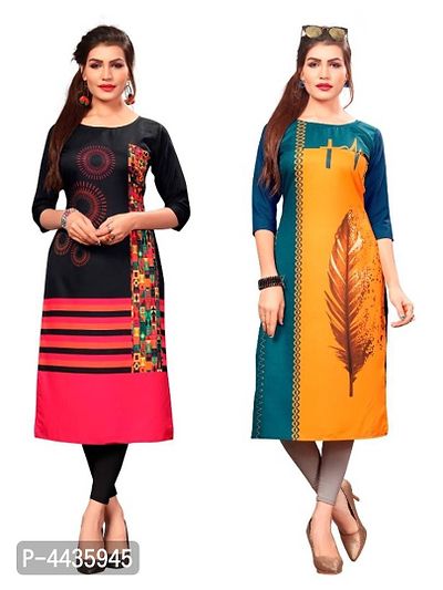 Women's Printed Full-Stitched Crepe Straight Kurti (Combo Pack Of 2)-thumb0