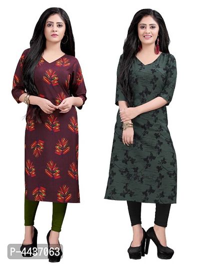 Women's Printed Full-Stitched Crepe Straight Kurti (Combo Pack Of 2)-thumb0