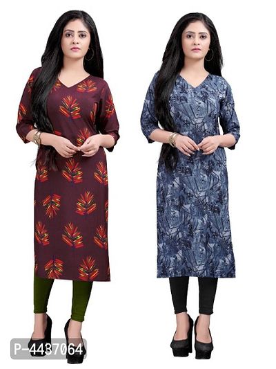 Women's Printed Full-Stitched Crepe Straight Kurti (Combo Pack Of 2)-thumb0