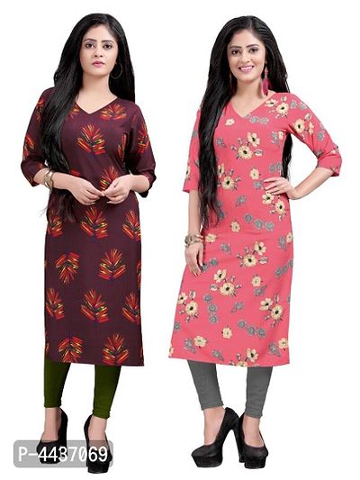 Women's Printed Full-Stitched Crepe Straight Kurti (Combo Pack Of 2)