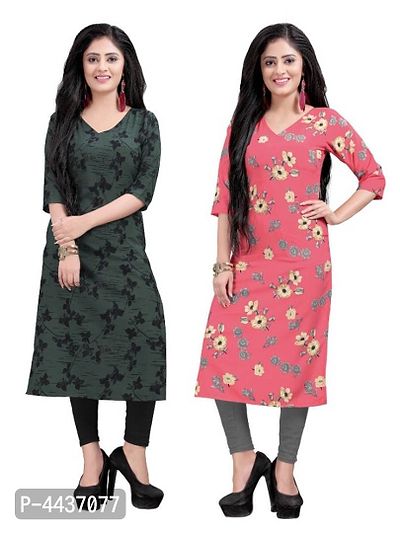 Women's Printed Full-Stitched Crepe Straight Kurti (Combo Pack Of 2)