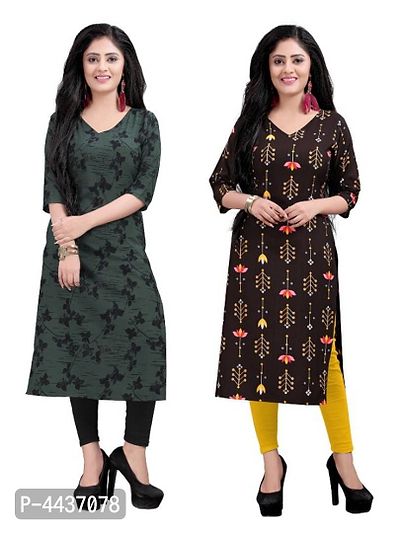 Women's Printed Full-Stitched Crepe Straight Kurti (Combo Pack Of 2)