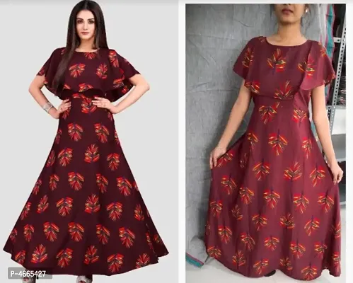 Elite Maroon American Crepe Digital Print Maxi Full Length Gown For Women